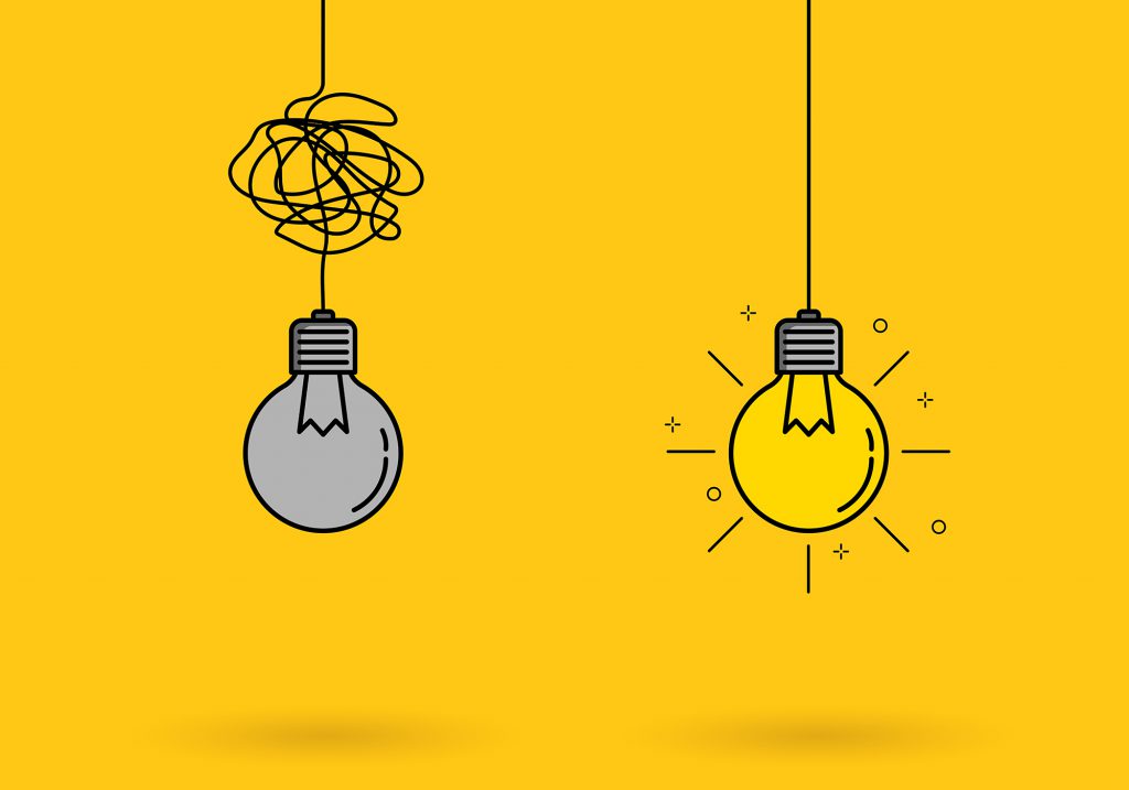 Creative idea thinking outstanding, inspiration, brainstorm, innovation, solution and imagination development. Light bulb with lighting shine icon sign meaning solve the problem. Vector illustration